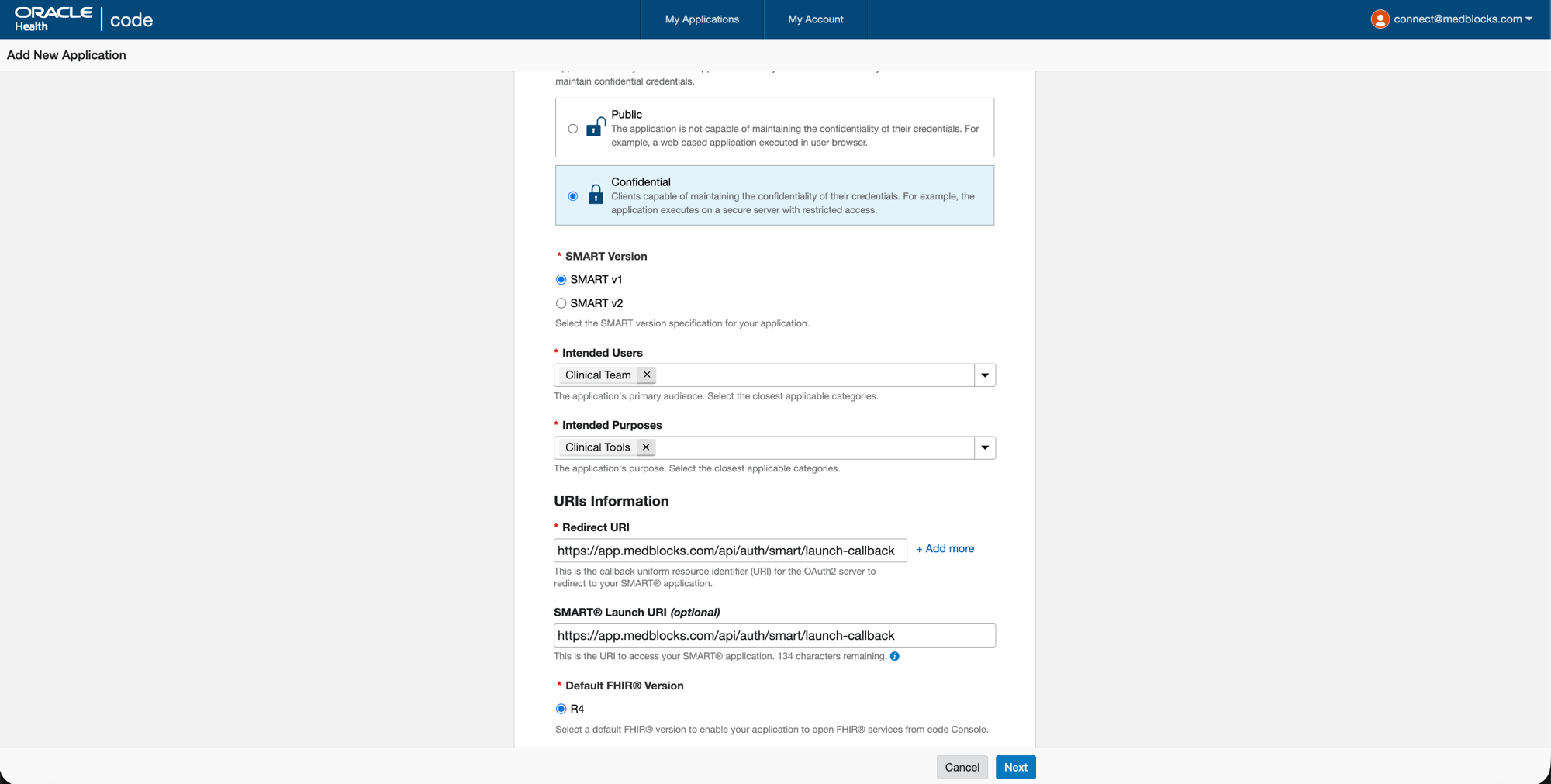 Cerner Code Console form continued with Application Privacy set to Confidential, SMART Version v1, Intended Users Clinical Team, Intended Purposes Clinical Tools, Redirect URI and SMART Launch URI fields, and Default FHIR Version R4