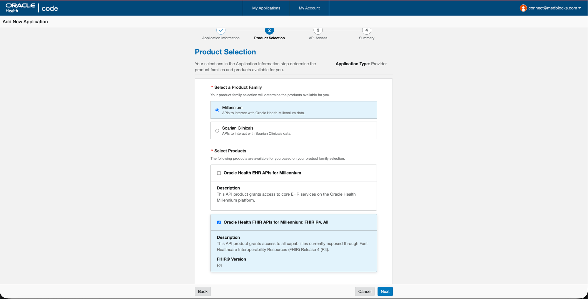 Cerner Code Console Product Selection step with Application Type=Provider, Millennium product family selected, and Oracle Health FHIR APIs for Millennium R4 ticked