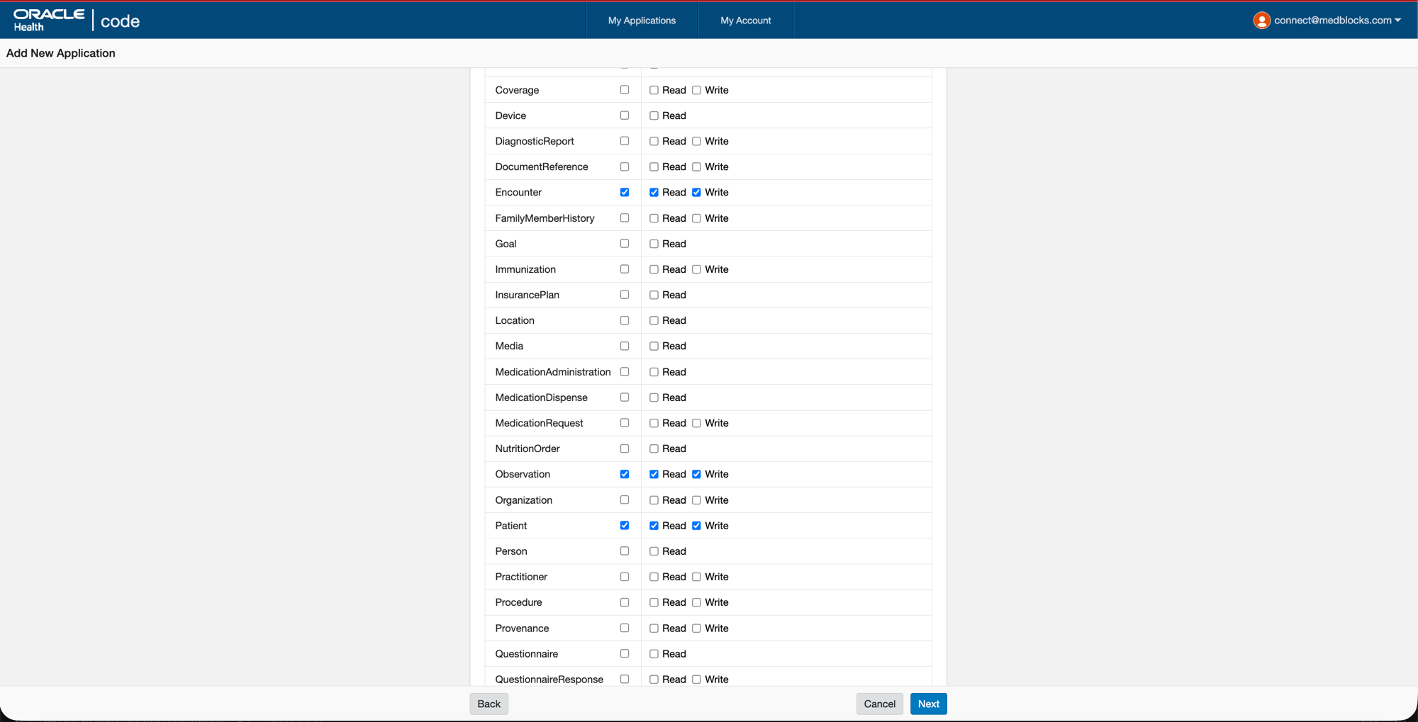 Cerner Code Console API Access screen showing the User Product APIs scope table with Read and Write checkboxes ticked for Patient, Encounter, and Observation