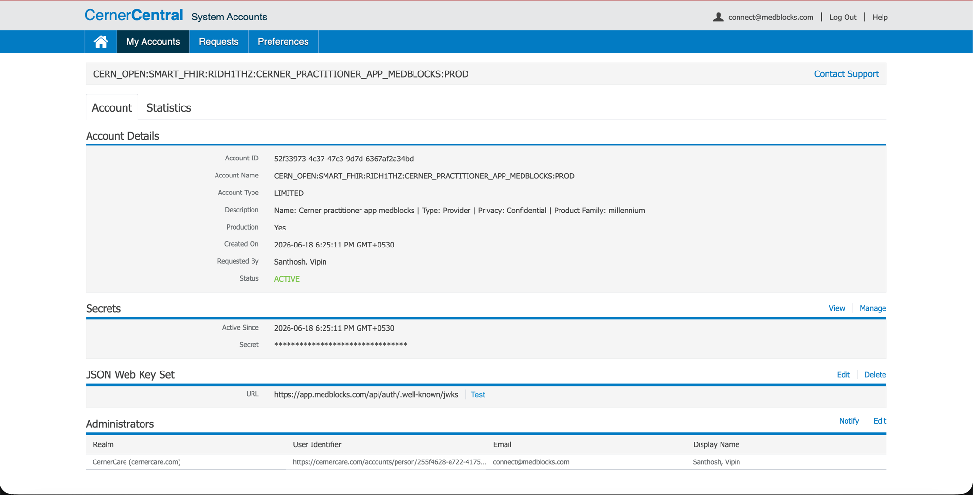 Cerner Central System Accounts page showing the account details for the Provider app with Account ID matching the Client ID, Account Type LIMITED, Production Yes, Status ACTIVE, the masked Secret, and the JSON Web Key Set URL set to https://app.medblocks.com/api/auth/.well-known/jwks