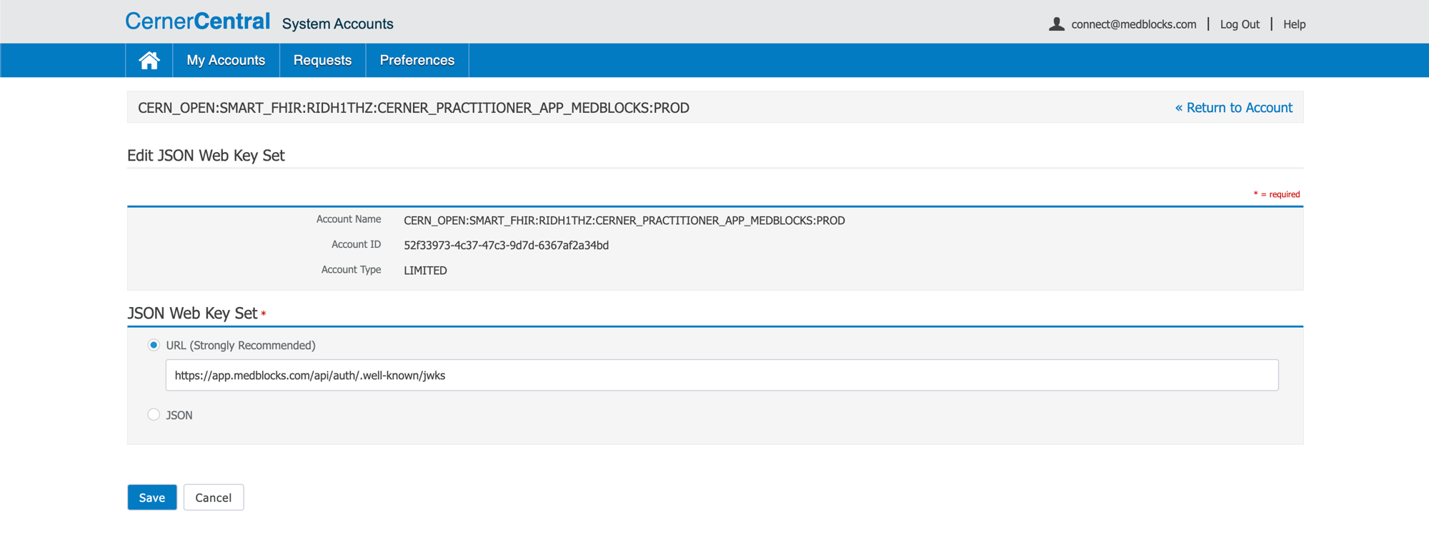 Cerner Central Edit JSON Web Key Set form for the Provider app with the URL Strongly Recommended radio selected and the input filled with https://app.medblocks.com/api/auth/.well-known/jwks
