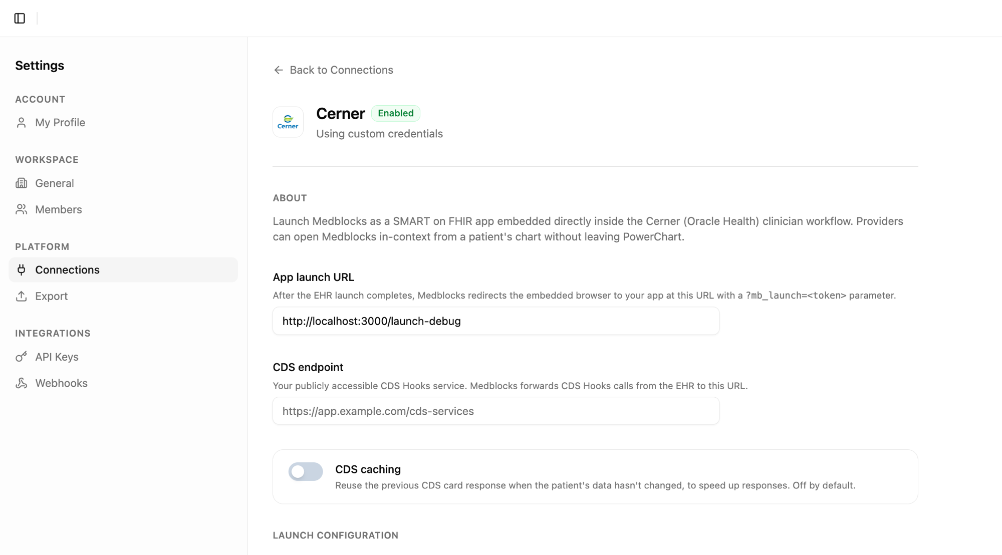Medblocks Settings Connections Cerner detail — top of the page showing About, App launch URL, CDS endpoint, and CDS caching toggle