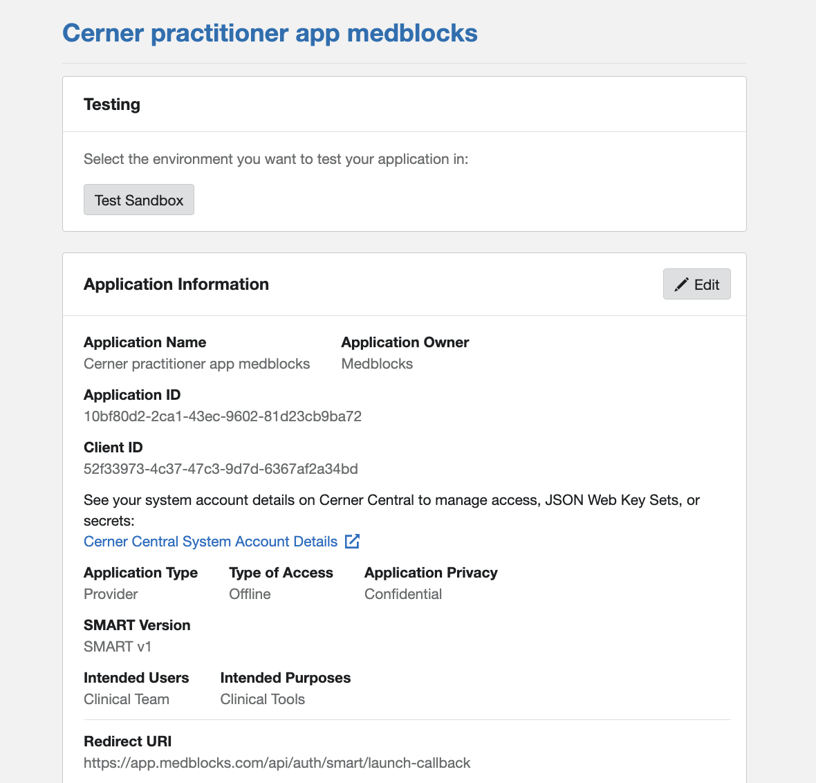 Cerner Code Console application detail page with a Testing panel at the top of the page and a Test Sandbox button to kick off a sandbox launch