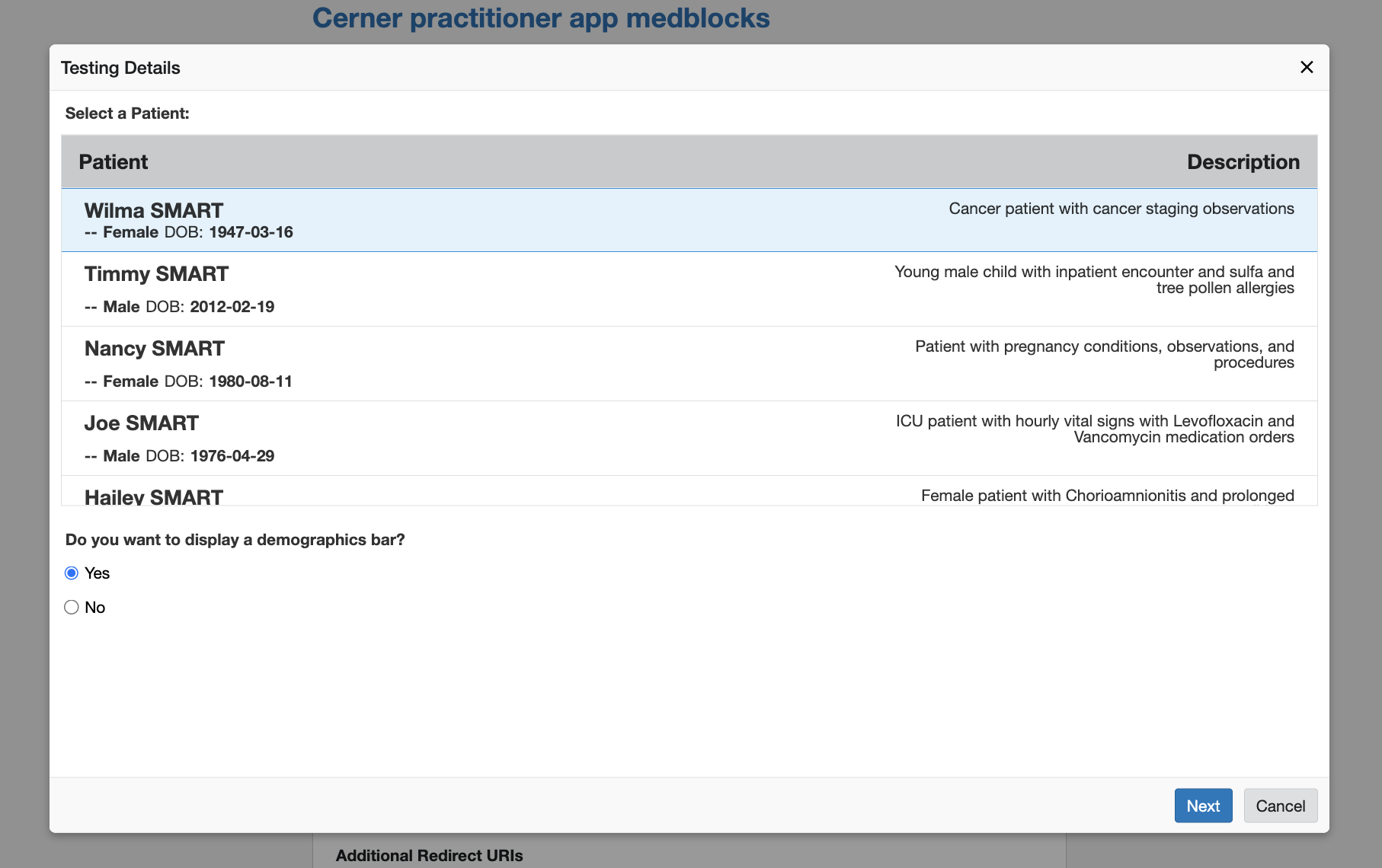 Cerner Code Console Testing Details dialog with a Select a Patient table listing synthetic sandbox patients including Wilma SMART, Timmy SMART, Nancy SMART, Joe SMART, Hailey SMART, each with sex, DOB, and a short description of their clinical data; a Yes/No toggle below for displaying a demographics bar