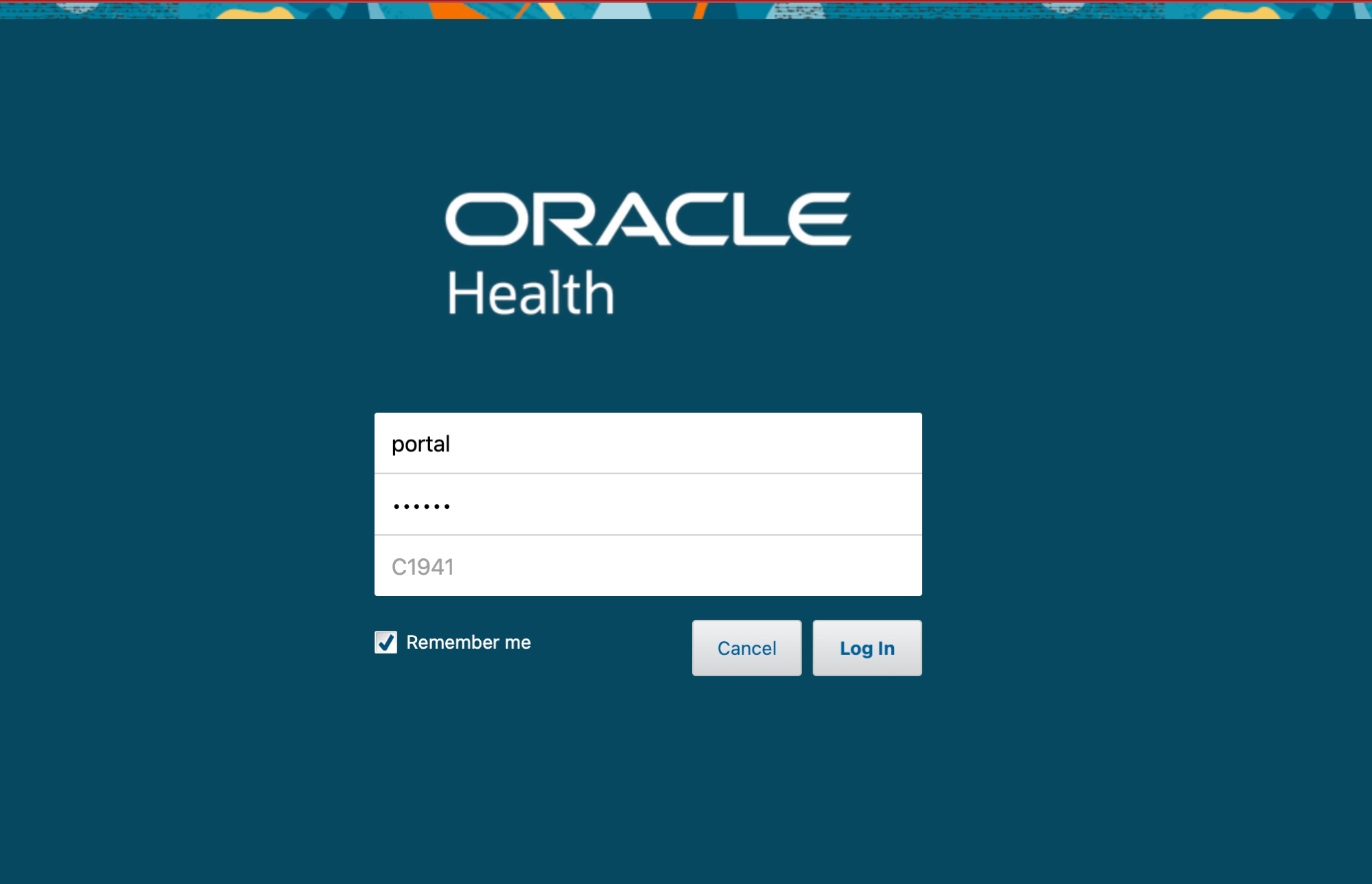 Oracle Health sandbox login page with Username portal, masked Password, a third installation-id field showing C1941, a Remember me checkbox, and Cancel + Log In buttons