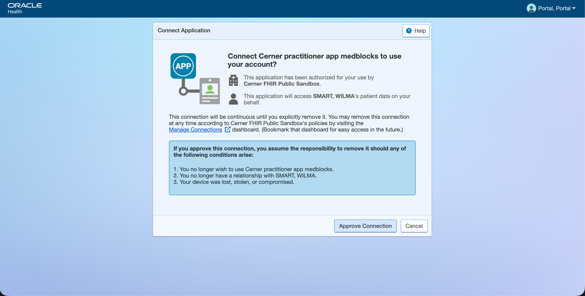 Cerner Connect Application consent prompt for Cerner practitioner app medblocks, explaining the app has been authorized by Cerner FHIR Public Sandbox and will access SMART, WILMA's patient data, with Approve Connection and Cancel buttons