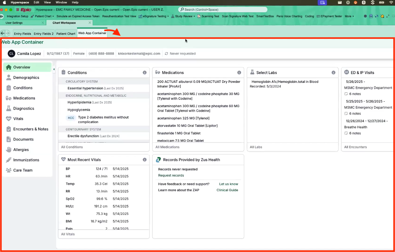 A SMART on FHIR app running embedded inside Epic