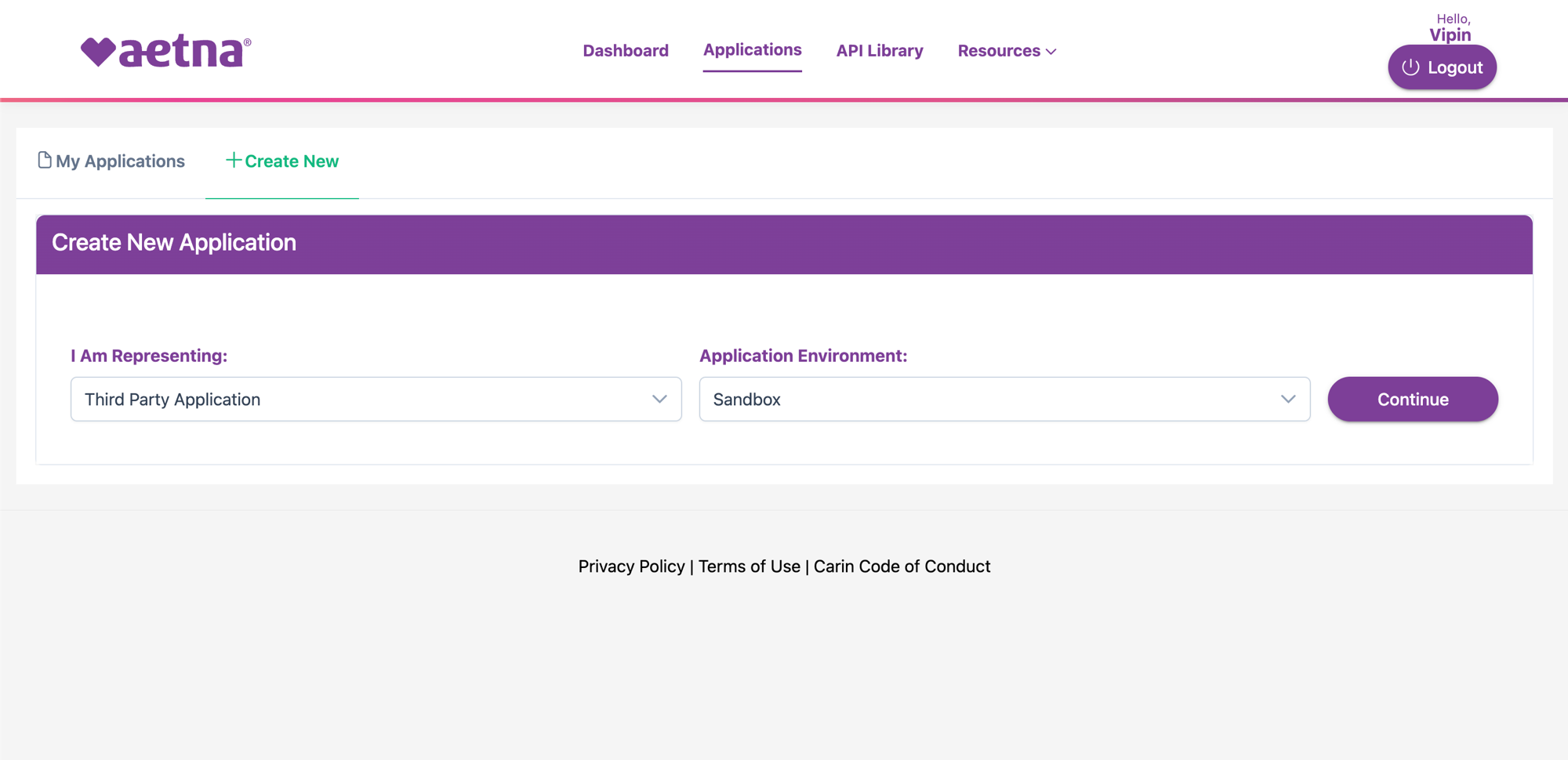 Aetna Create New Application form, step one selecting Third Party Application and Sandbox environment