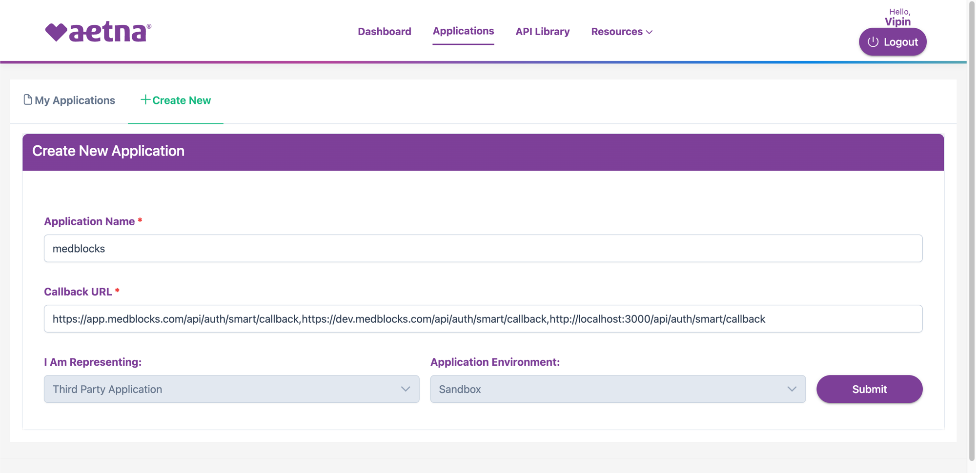 Aetna Create New Application form with Application Name and comma-separated Callback URLs filled in