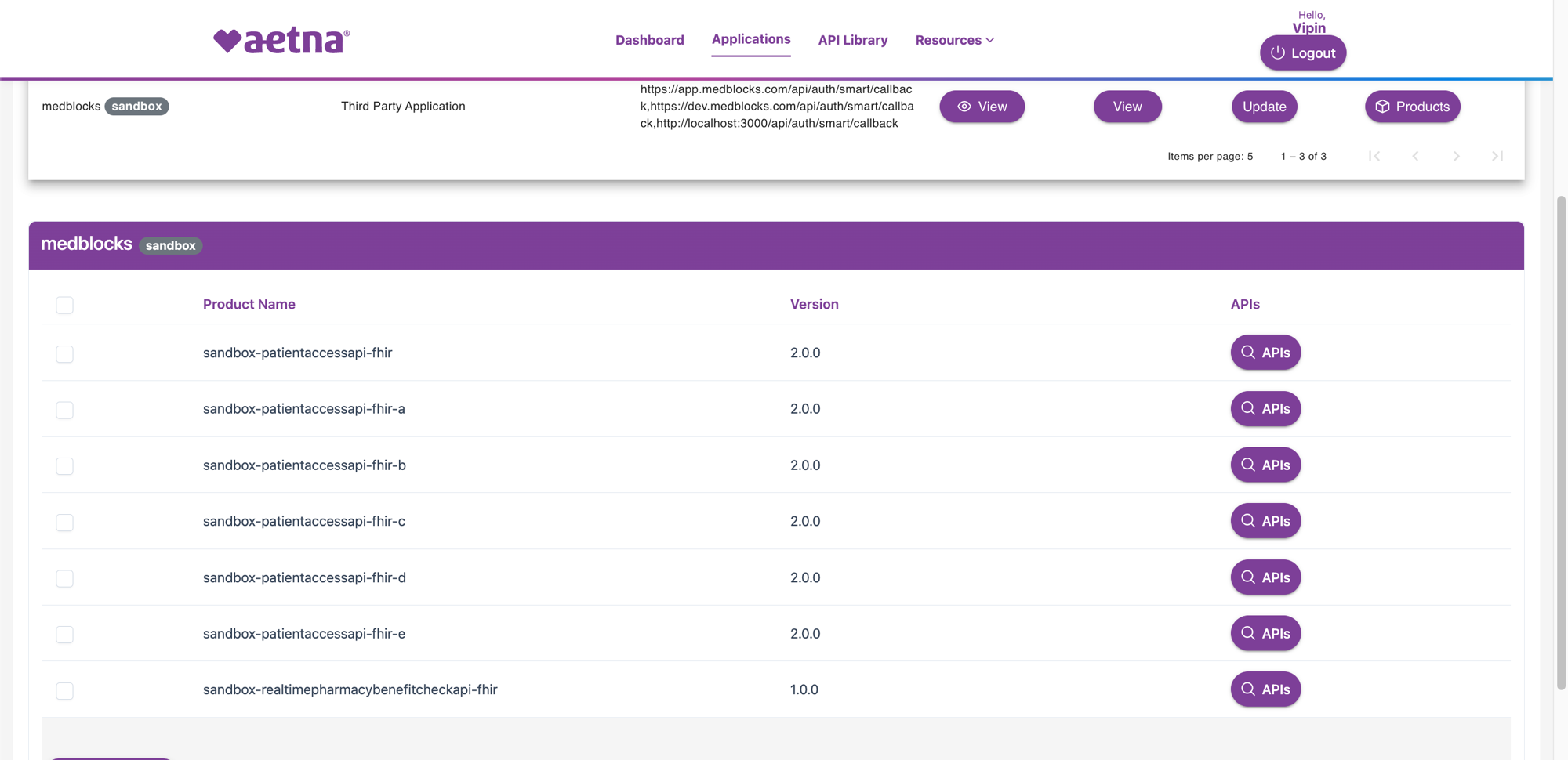 Aetna product subscription page with all patient access products available to subscribe