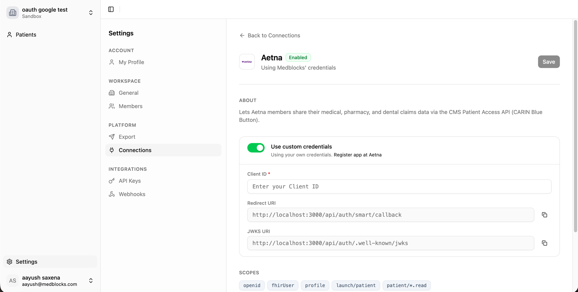 Medblocks Settings, Connections, Aetna detail with Use custom credentials toggled on and Client ID, Redirect URI, JWKS URI, and scopes shown