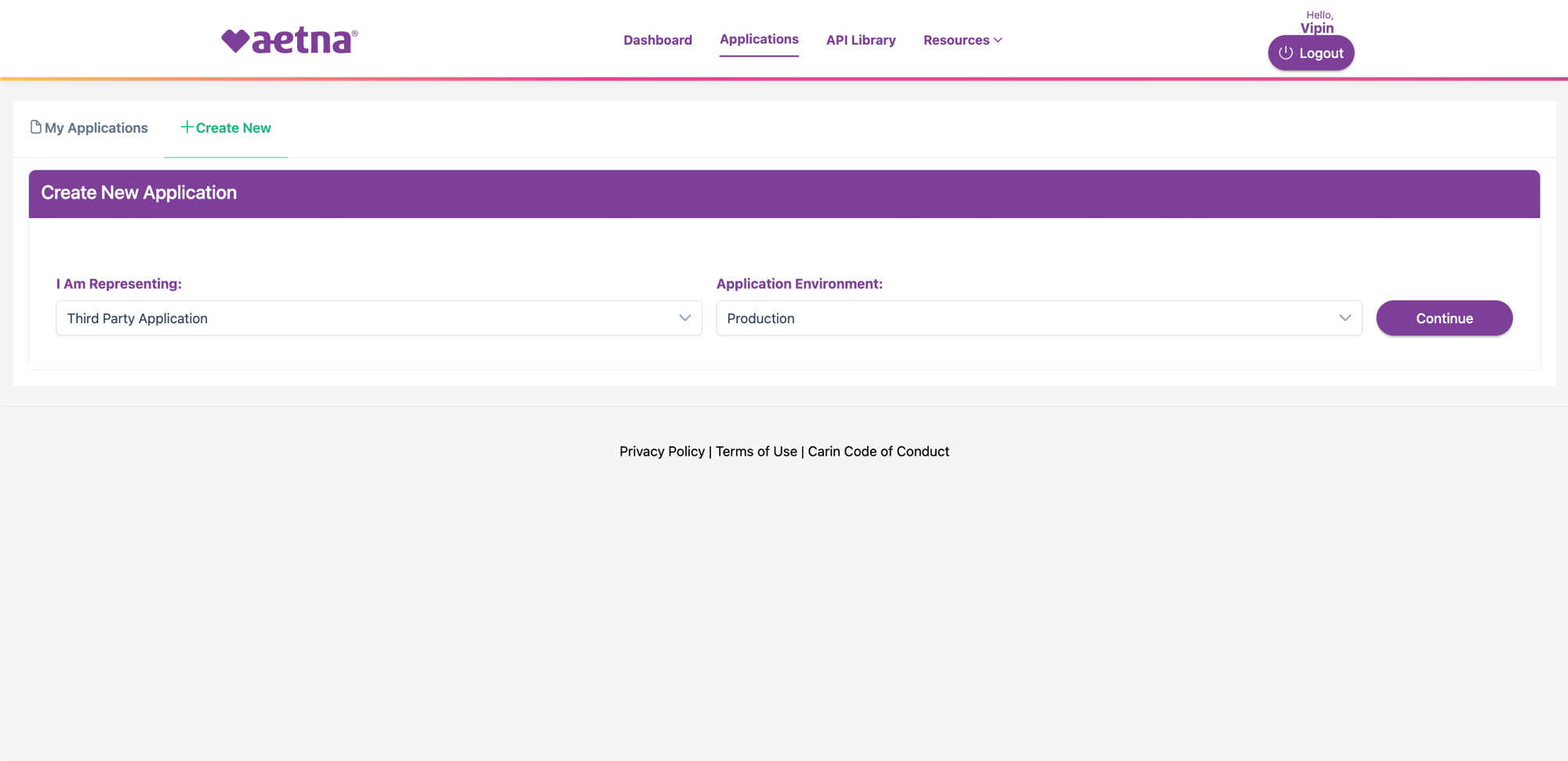 Aetna Create New Application form with Production environment selected