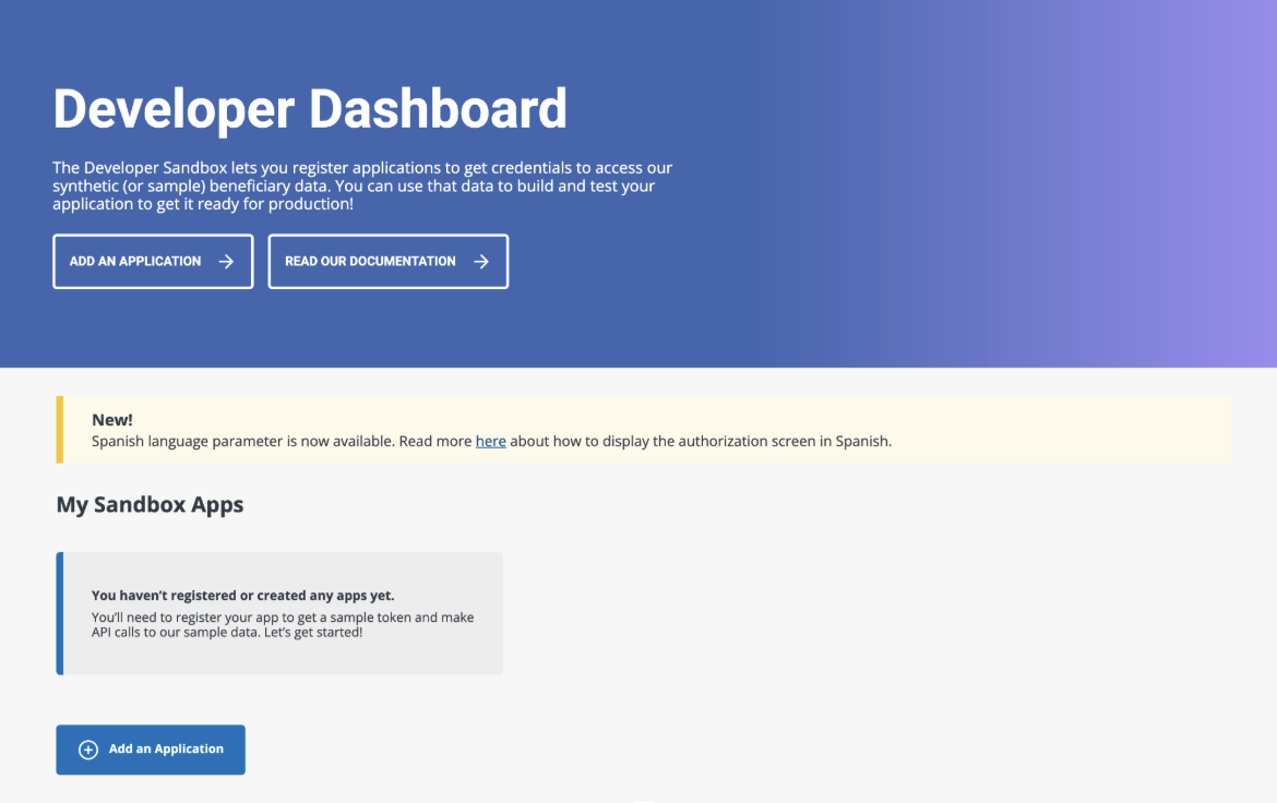 CMS Blue Button developer dashboard, empty My Sandbox Apps section