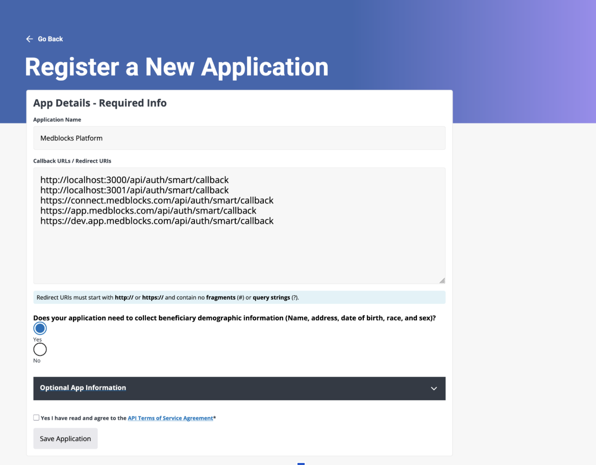 Register a New Application form showing App Details required info