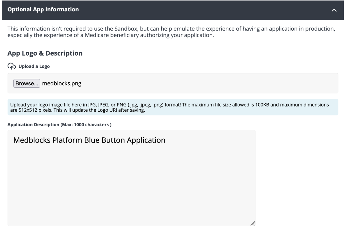 Optional App Information section with logo upload and description fields