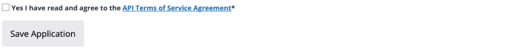 Terms of Service checkbox and Save Application button