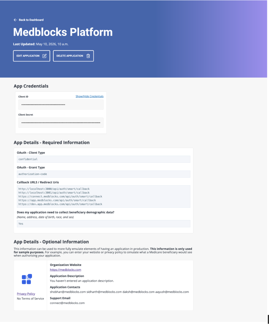 Application detail page showing App Credentials and App Details