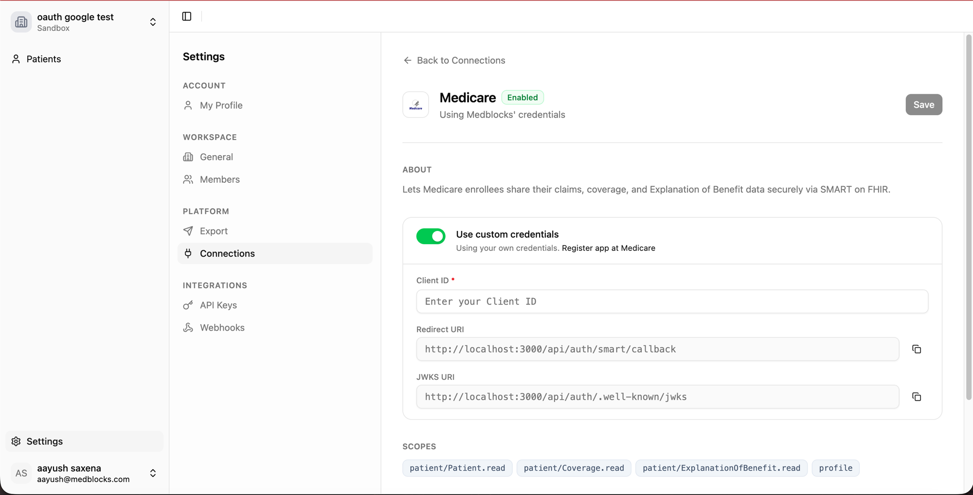 Medblocks Medicare connection detail with Use custom credentials toggle, Client ID, Redirect URI, and JWKS URI fields