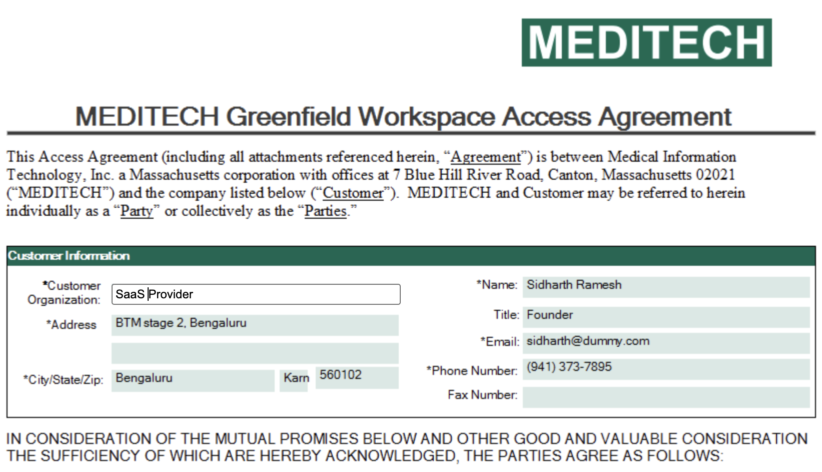 Greenfield Workspace Access Agreement with the customer information section
