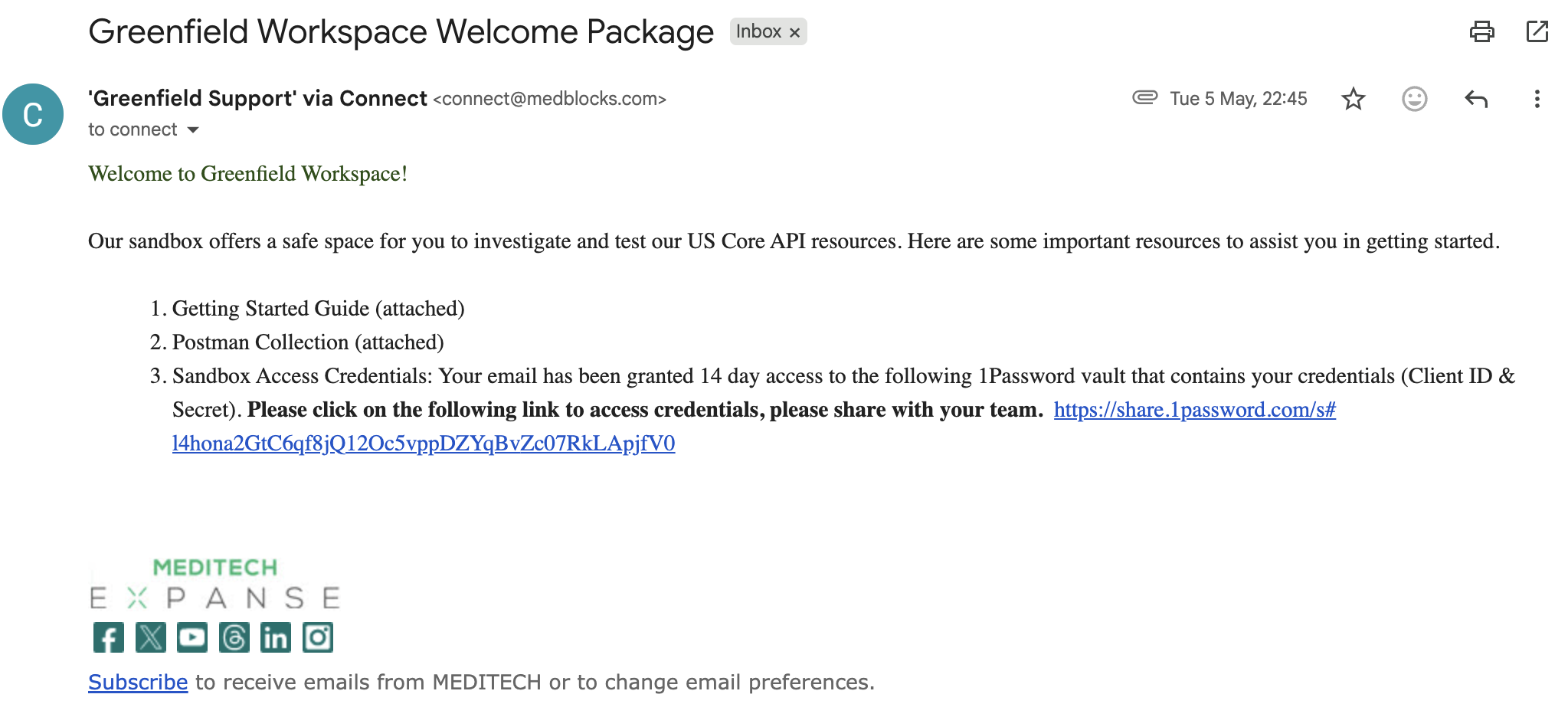 Greenfield Workspace welcome email with the getting started guide, Postman collection, and 1Password credentials link