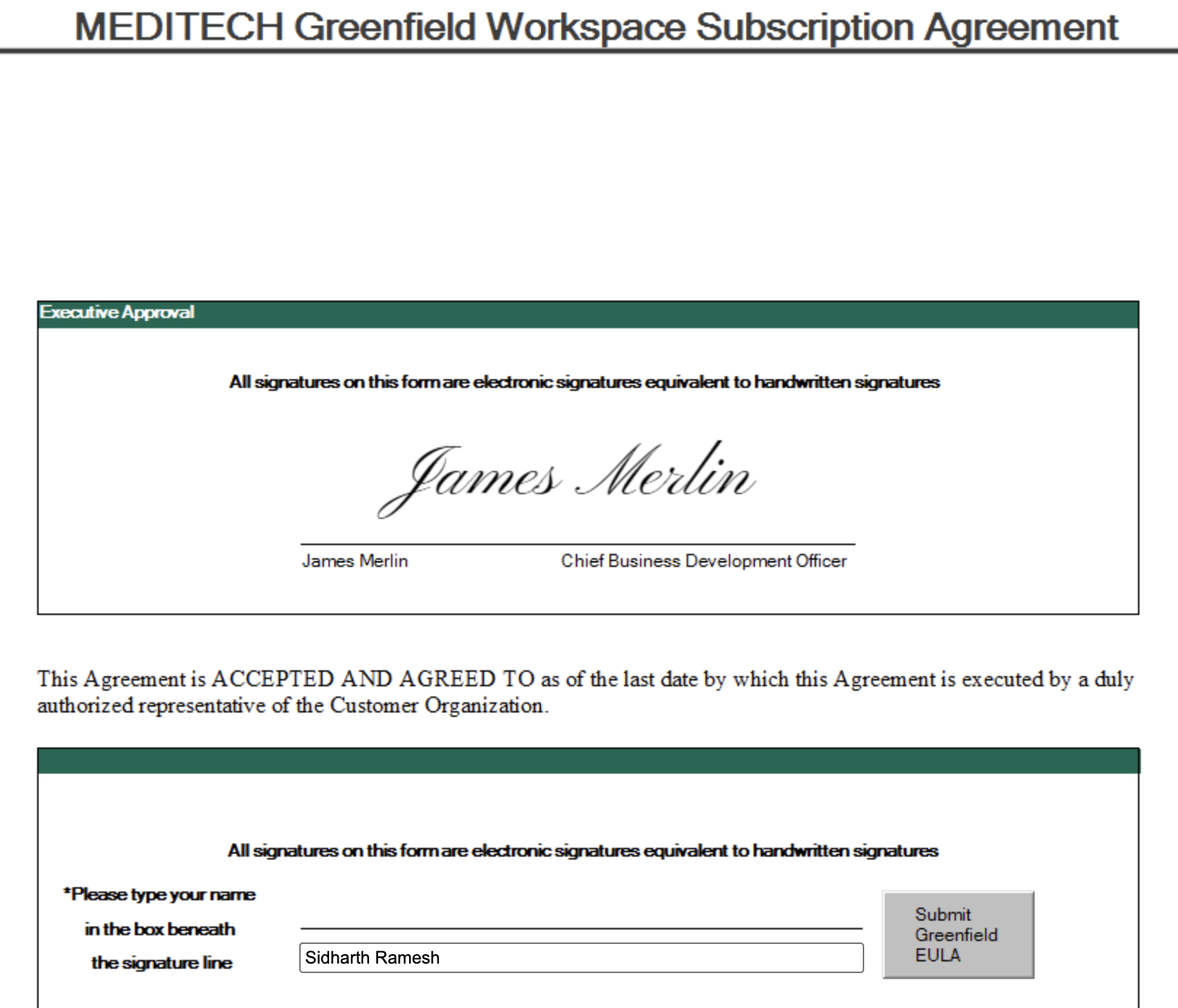 Greenfield Workspace Subscription Agreement signature section with the Submit Greenfield EULA button