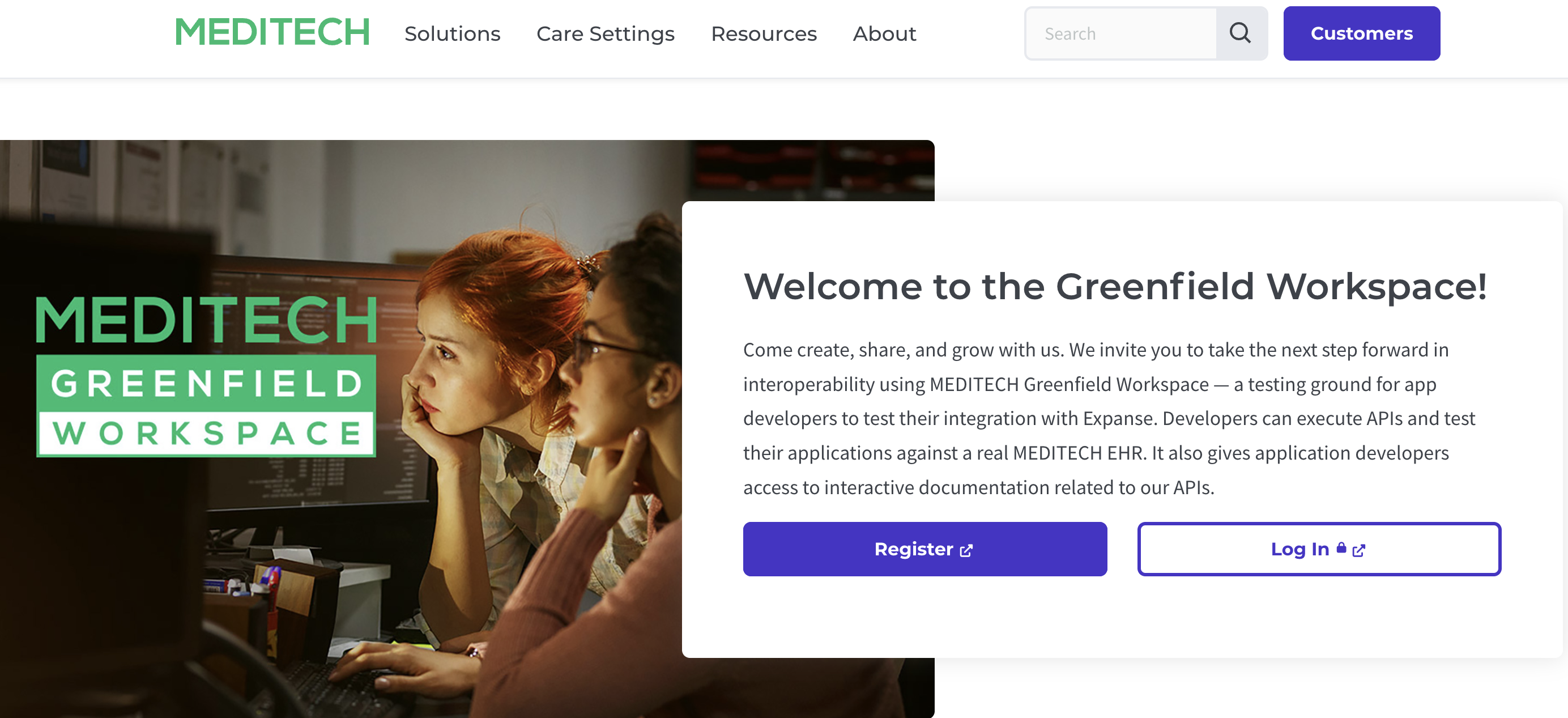 Greenfield Workspace landing page with the Register button
