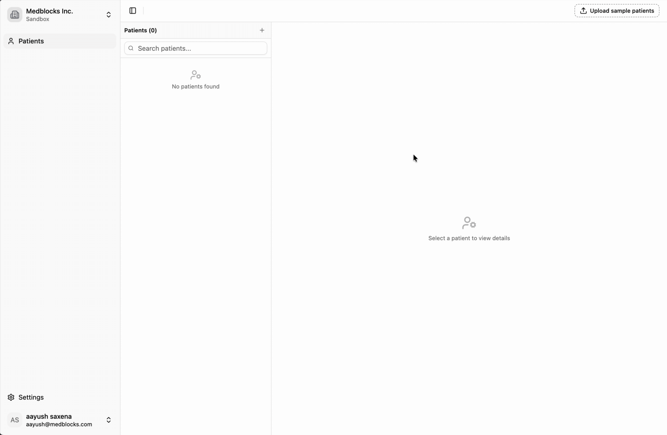 The Add new patient dialog in a Sandbox workspace with Name and Email fields and an Add Patient button.