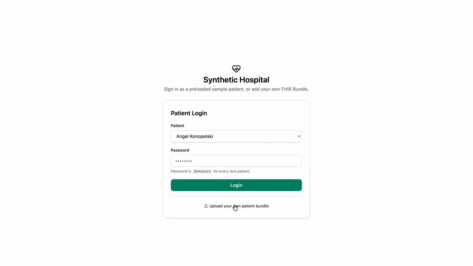 Clicking Upload your own patient bundle on the Synthetic Hospital login card, uploading a FHIR R4 bundle file, signing in as that patient, and approving the requested scopes.