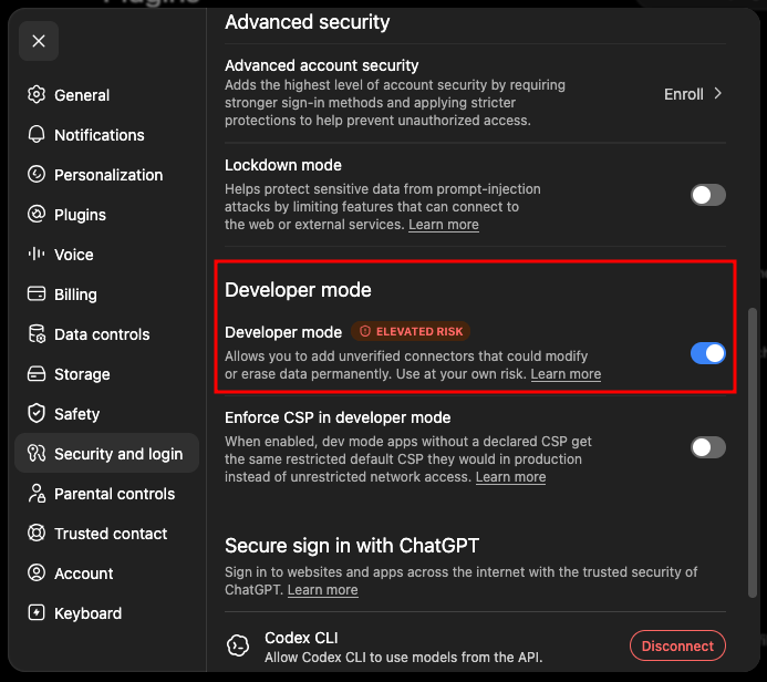ChatGPT Security and login settings with Developer mode turned on and the Enforce CSP in developer mode option below it