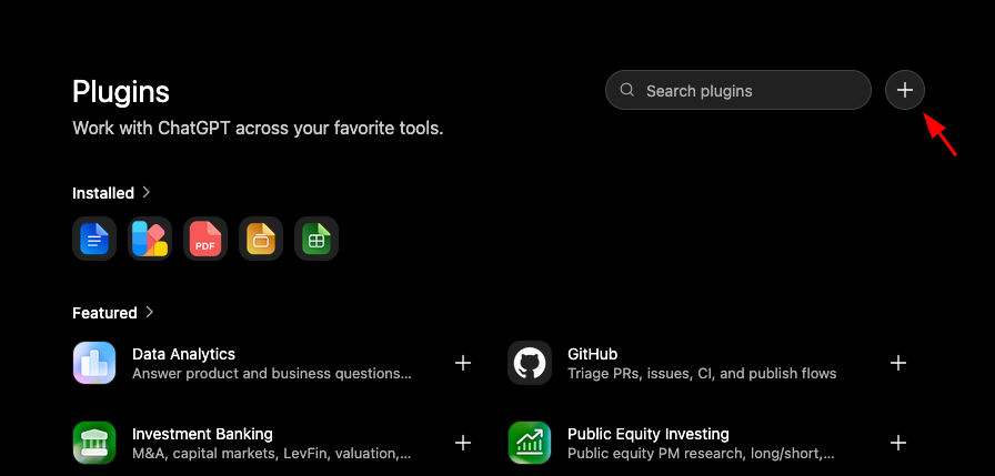 ChatGPT Plugins page with the add-plugin plus button highlighted in the top right