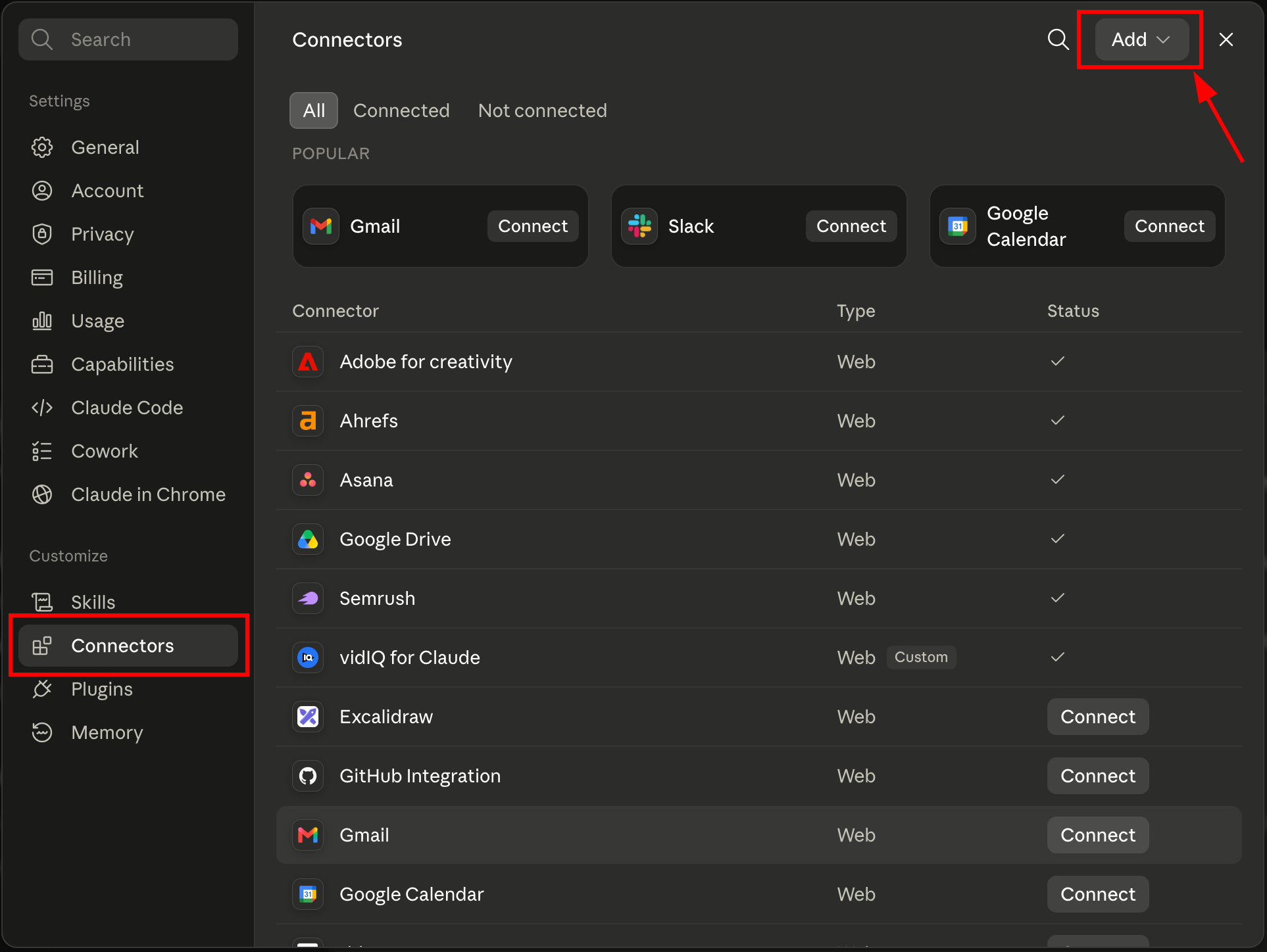 Claude settings Connectors page with the Add button highlighted in the top right