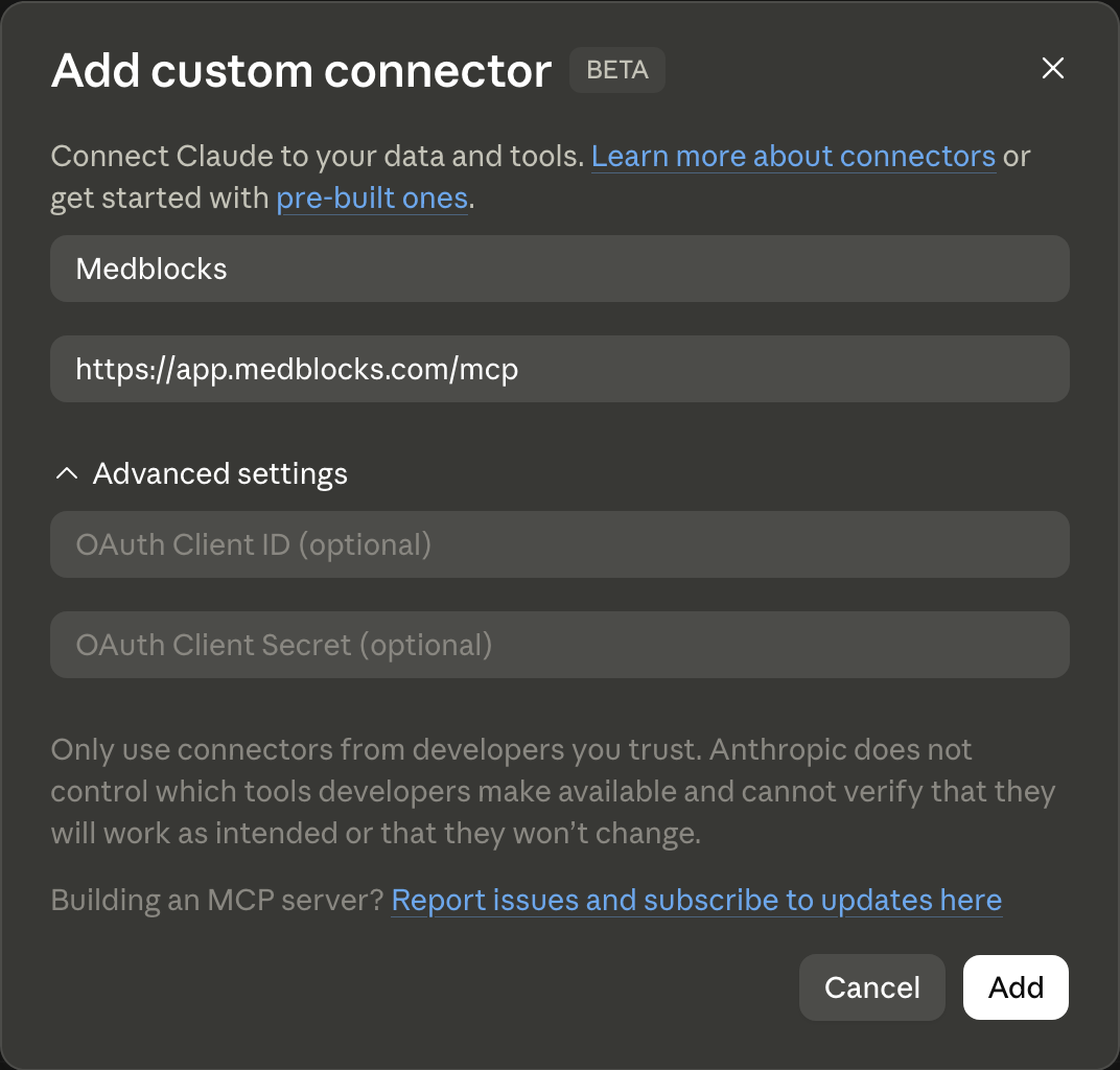 Claude Add custom connector dialog with the name Medblocks and the server URL https://app.medblocks.com/mcp entered
