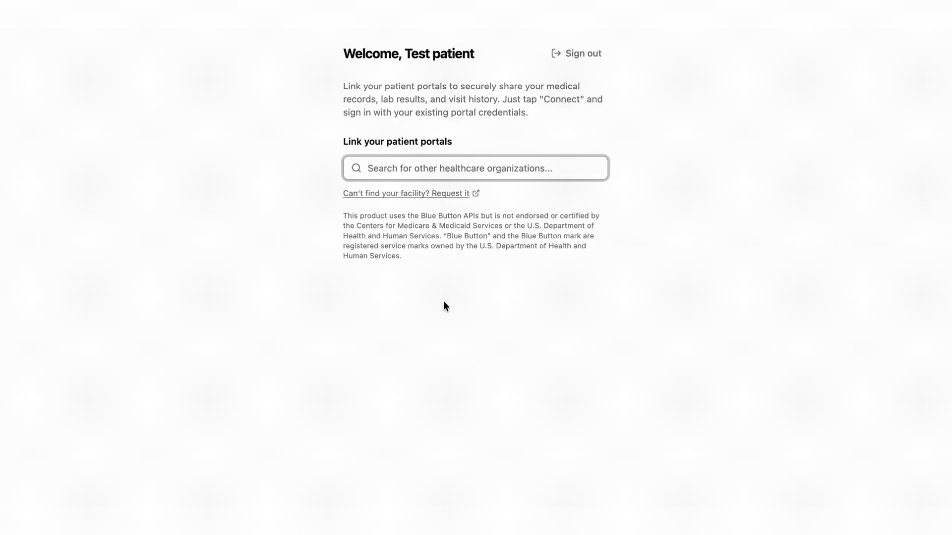 The patient portal search page with the Synthetic Hospital as an option and a Connect button.