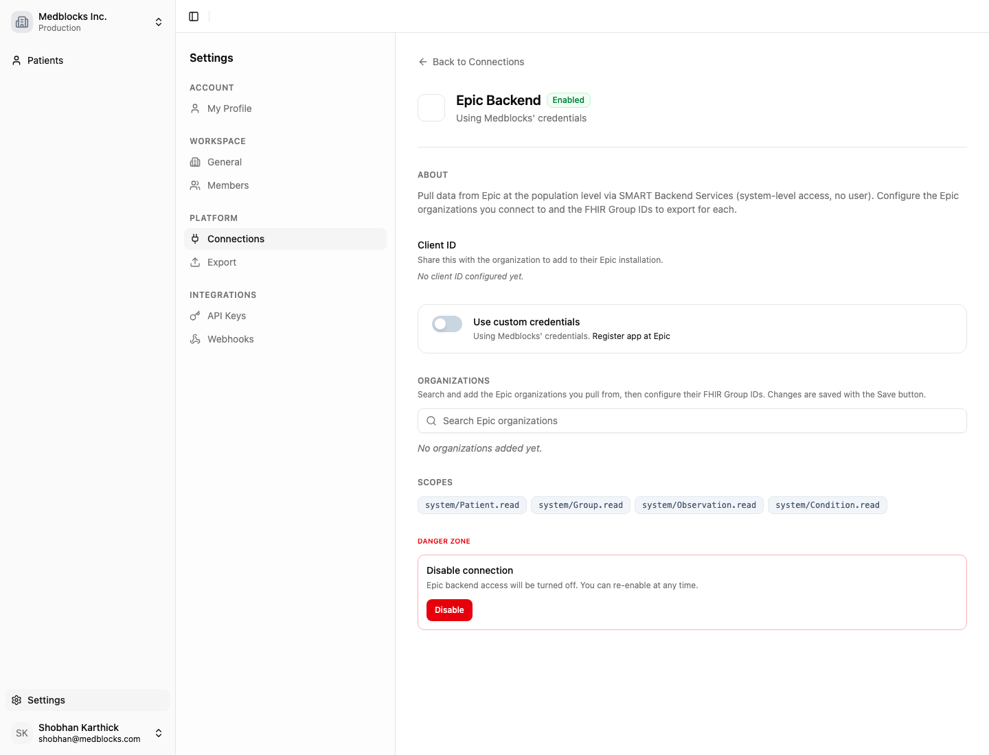 The Epic Backend connection detail page