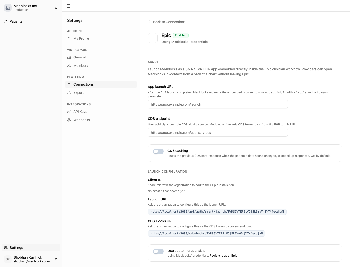The Epic Clinical Workflows connection detail page