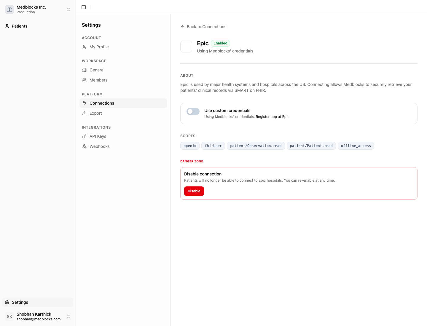 The Epic Patient Access connection detail page