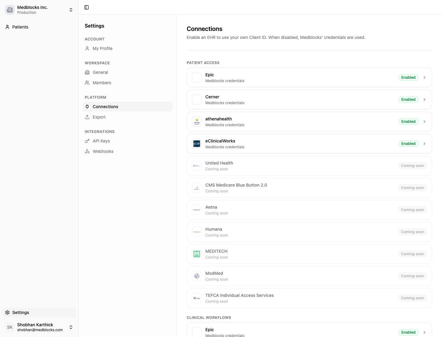 The Settings Connections page in the Medblocks dashboard
