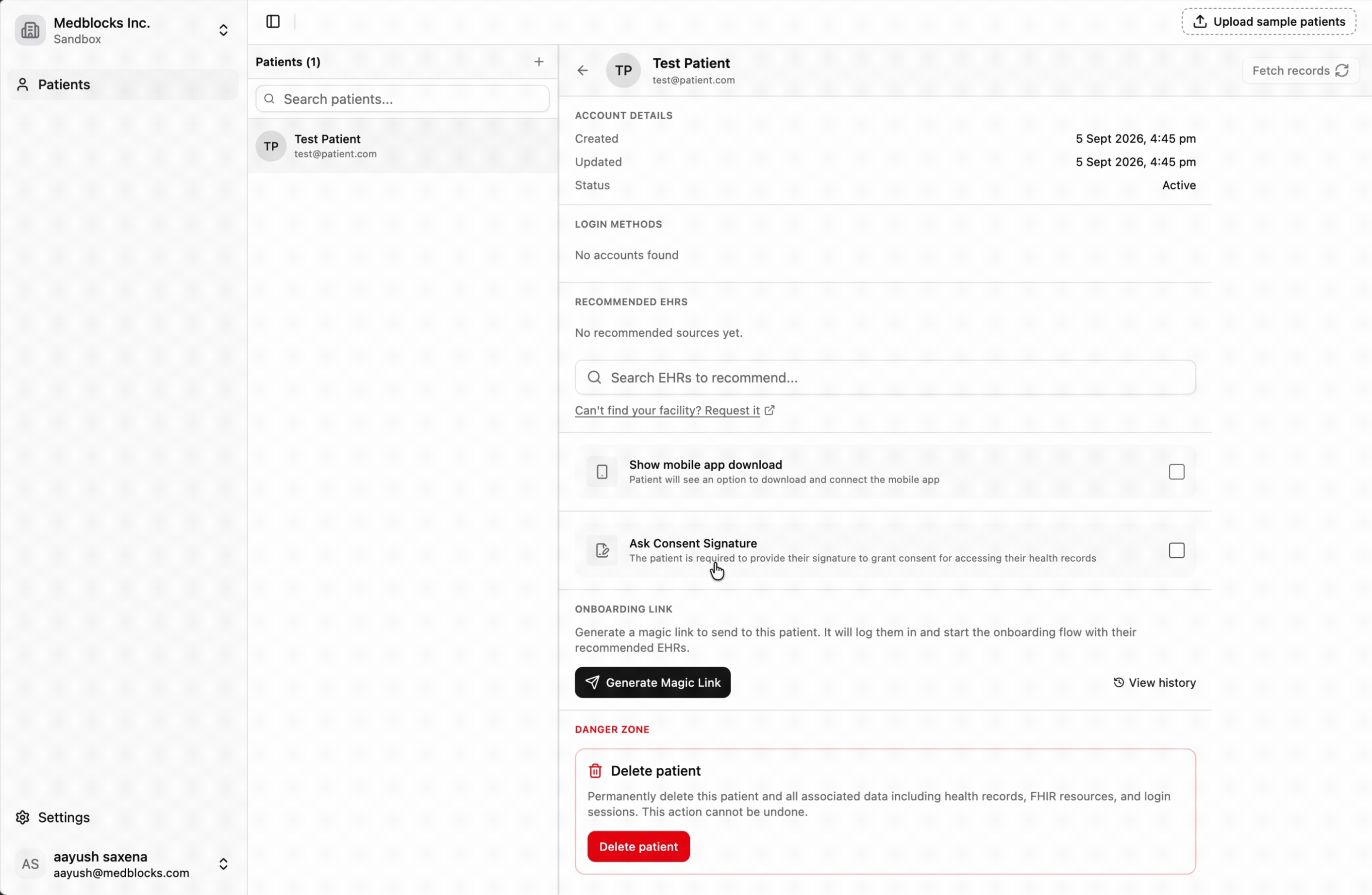 Opening a patient from the Patients list, clicking Generate Magic Link in the Onboarding link section, and copying the URL.