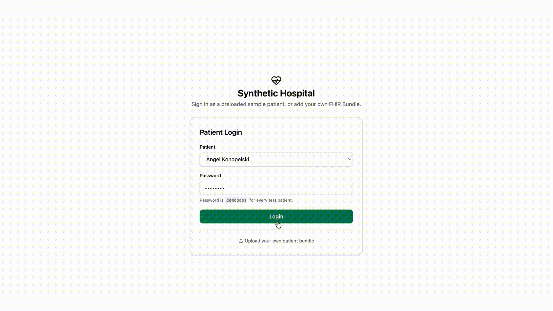 Selecting a sample patient on the Synthetic Hospital login card, logging in with the pre-filled password, and approving the requested scopes.