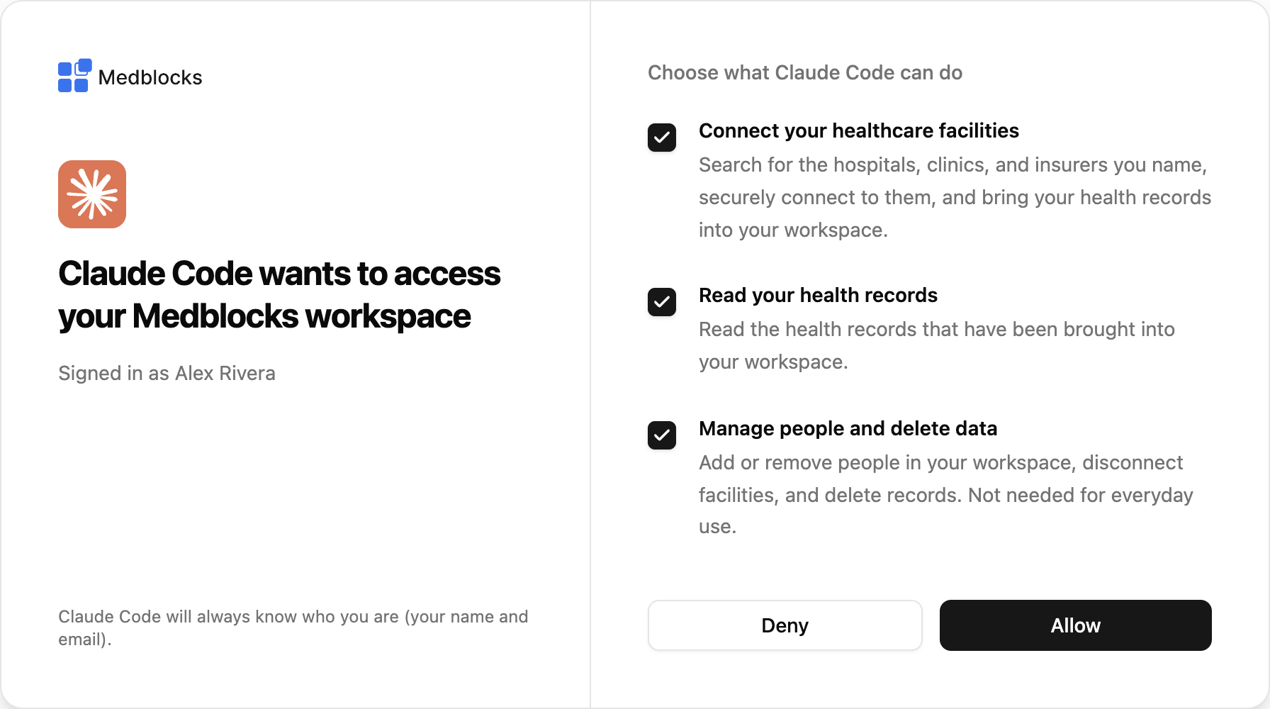 Medblocks consent screen showing an AI assistant requesting access to a workspace, with tick boxes for connecting healthcare facilities, reading health records, and managing people and data