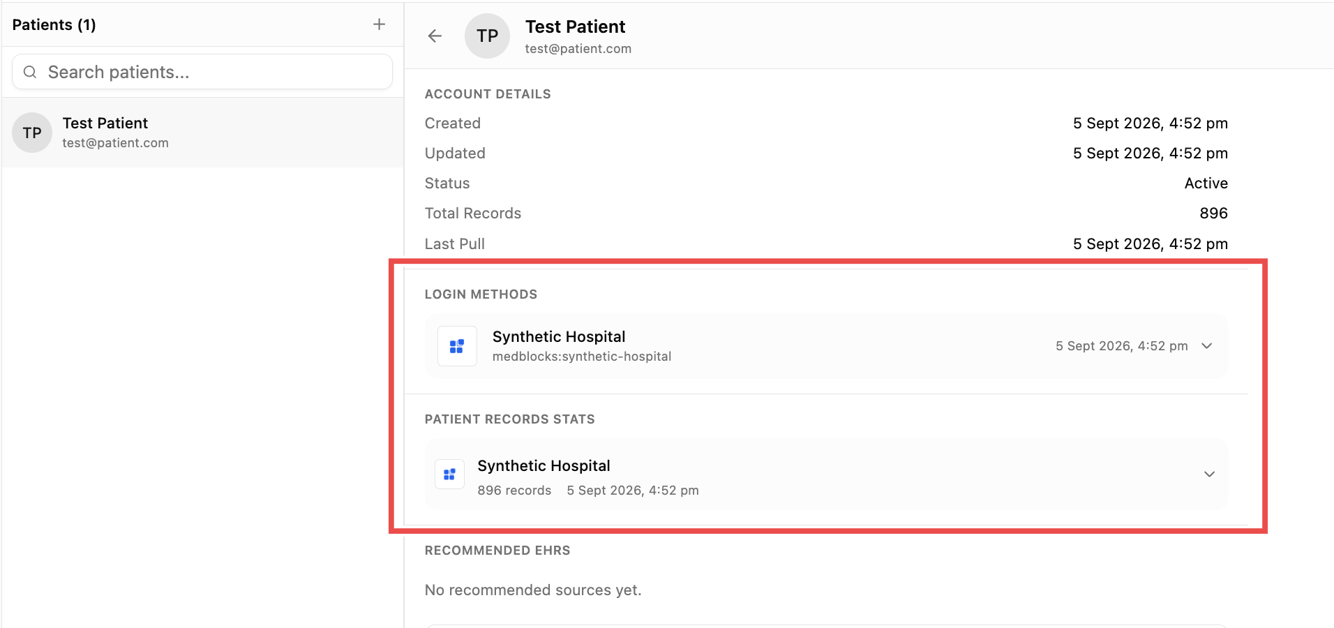 The patient detail page in the Medblocks dashboard, showing Synthetic Hospital under Login methods and records pulled under Patient records stats.