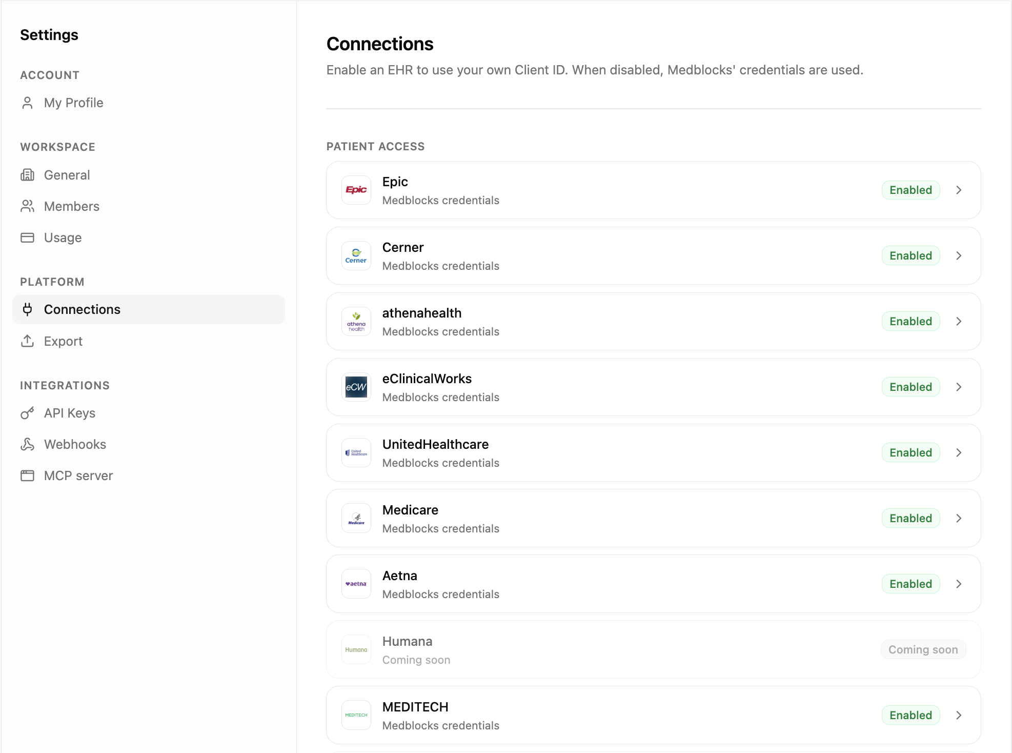 The Medblocks workspace Settings screen with Connections selected, showing a list of EHR providers each with an Enabled badge.