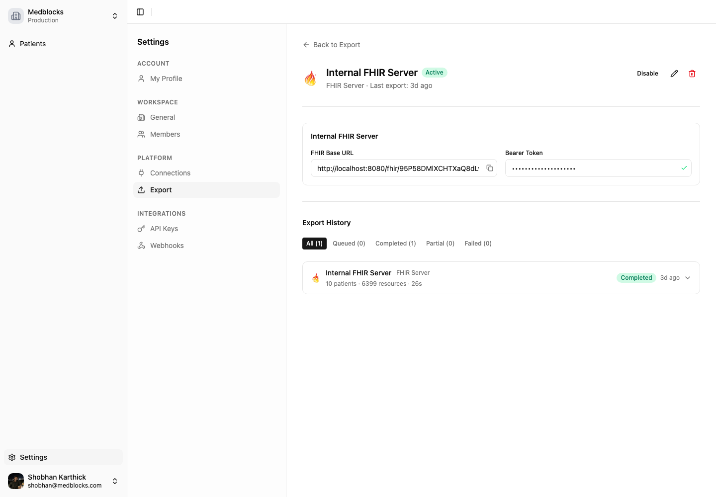 The Internal FHIR Server detail page showing FHIR base URL and bearer token copy fields with the token redacted