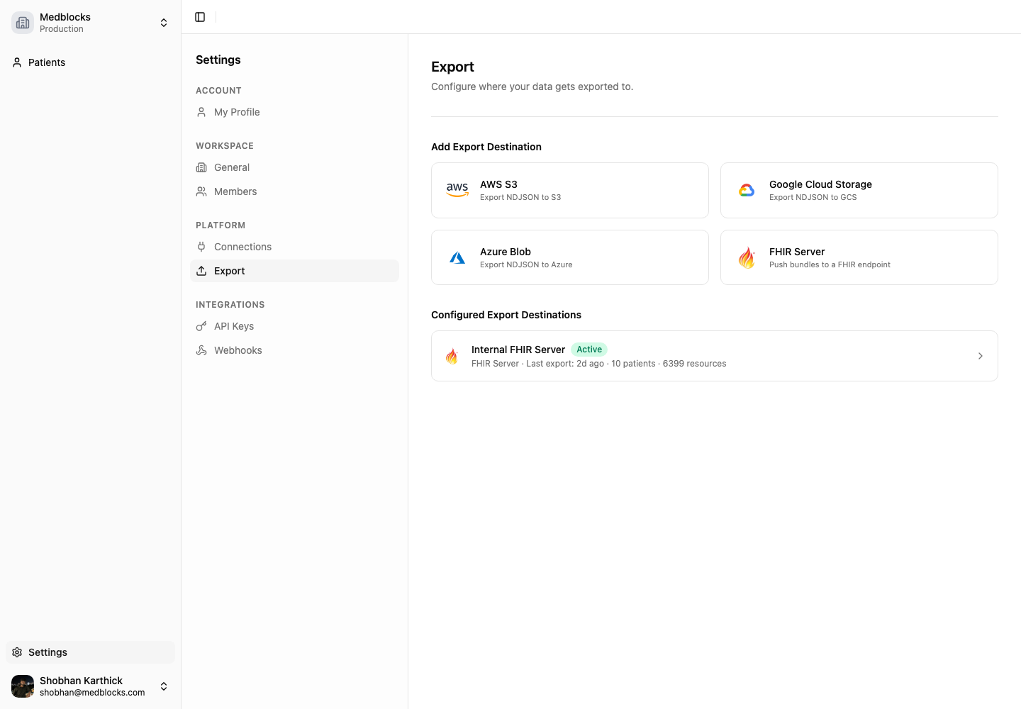 The Export settings page showing a configured Internal FHIR Server destination