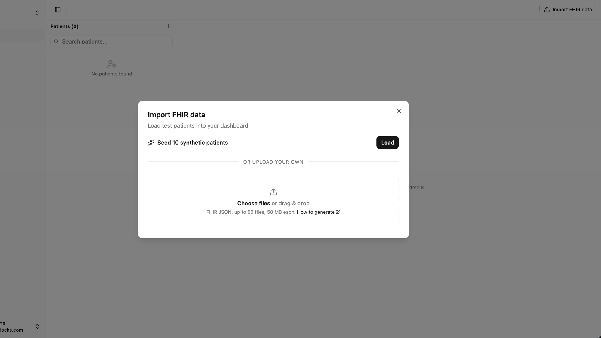 Import FHIR data dialog with the Seed 10 synthetic patients row and the Upload your own dropzone