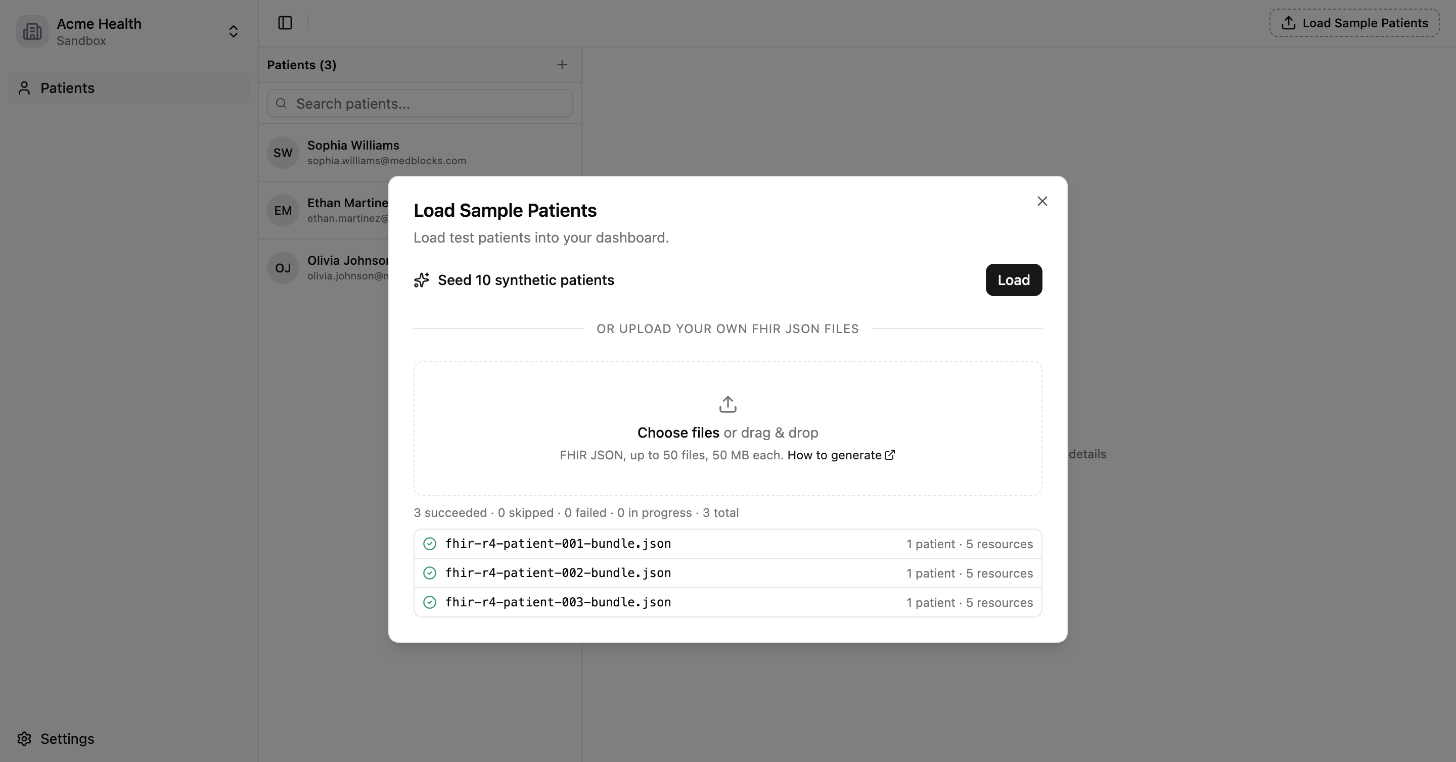 A file finished uploading and the new patient now appears in the list