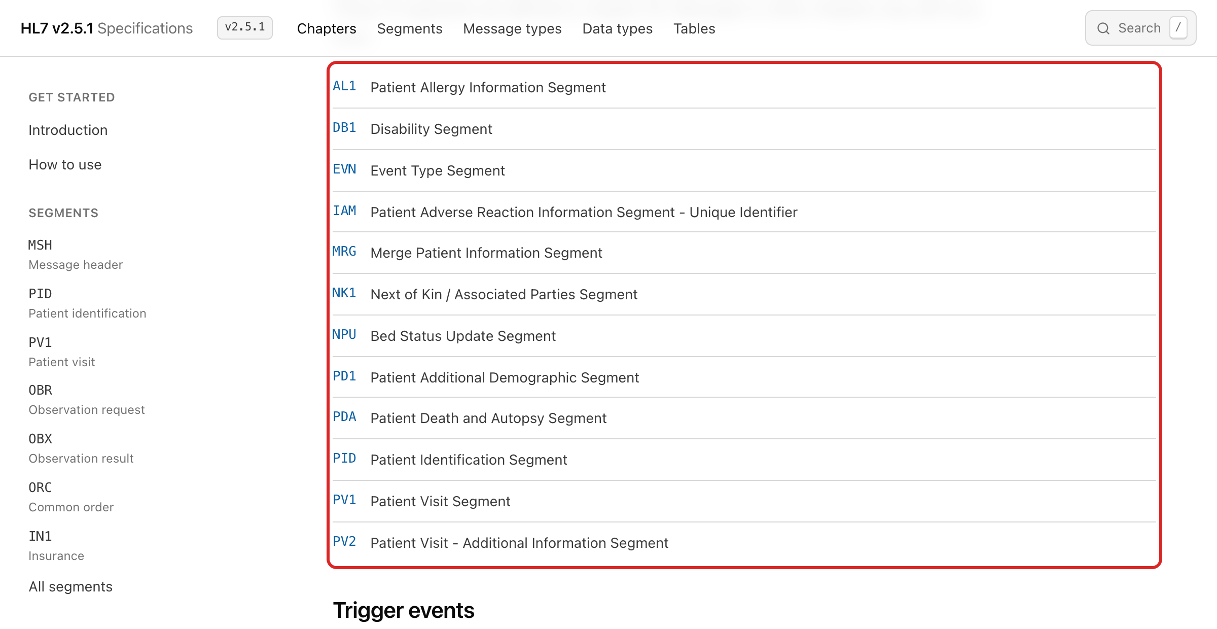Chapter 03, Patient Administration, listing the segments defined in it