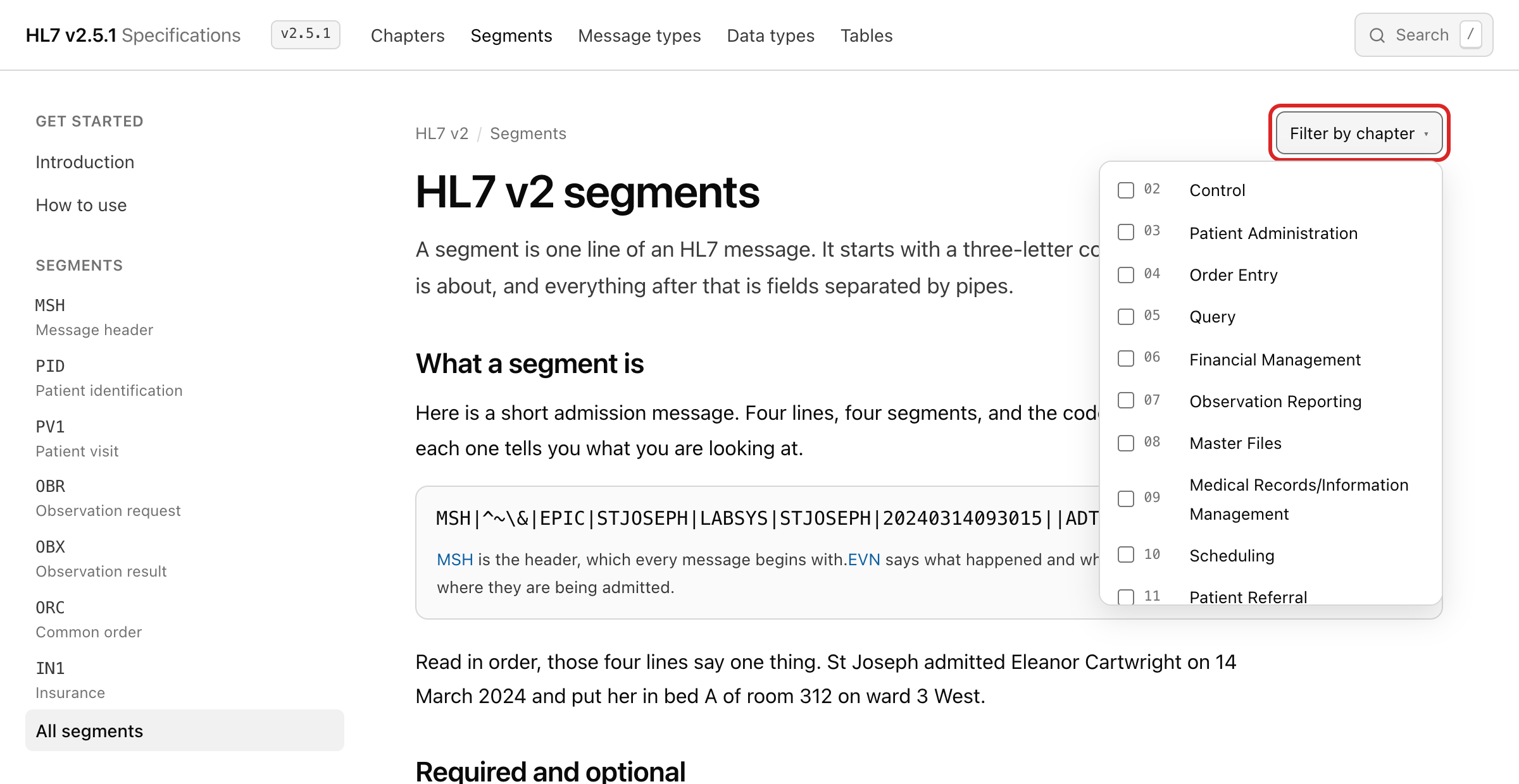 The chapter filter open, listing the chapters with a checkbox beside each