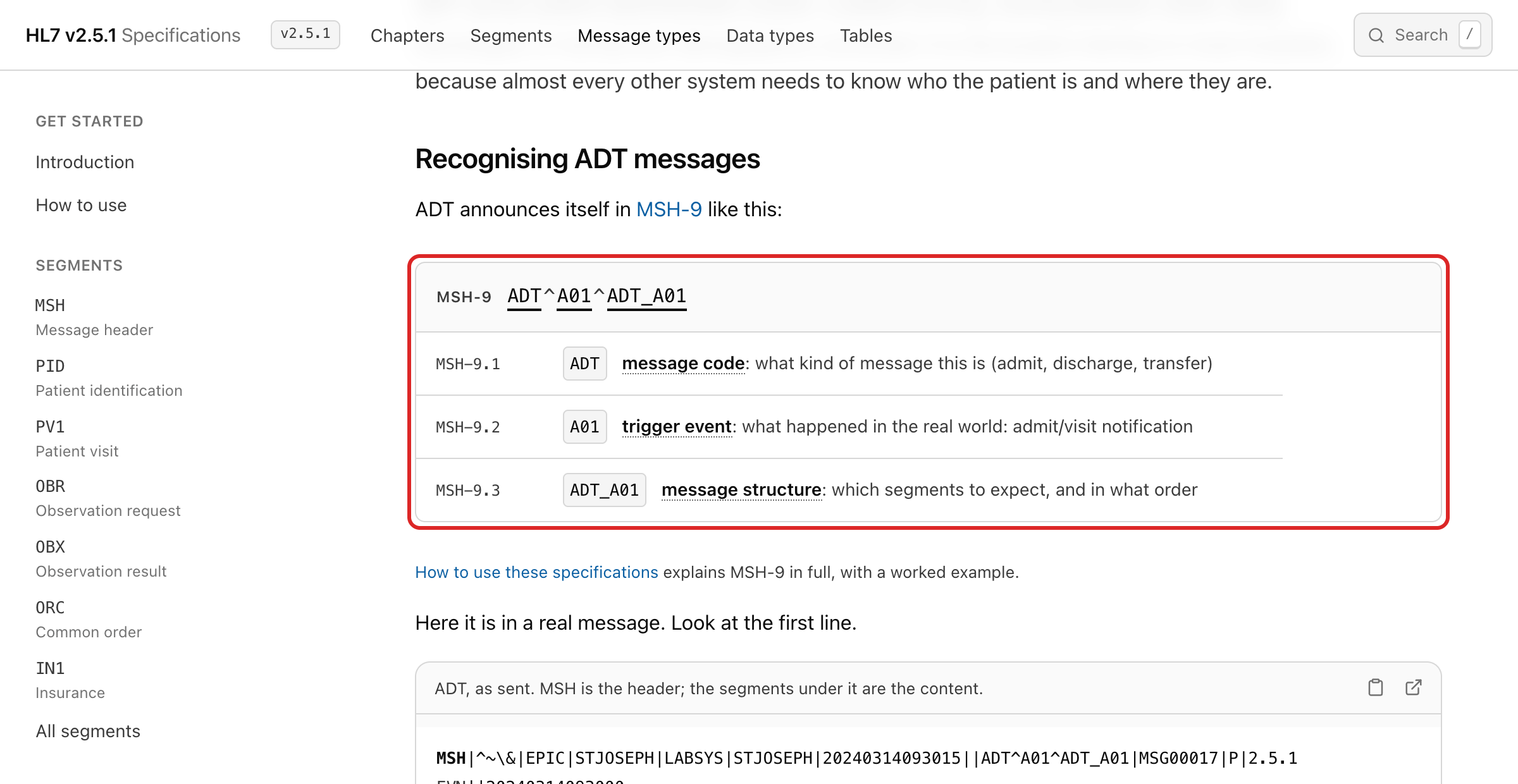 MSH-9 shown as ADT caret A01 caret ADT_A01, with each part labelled beneath: message code, trigger event, message structure.