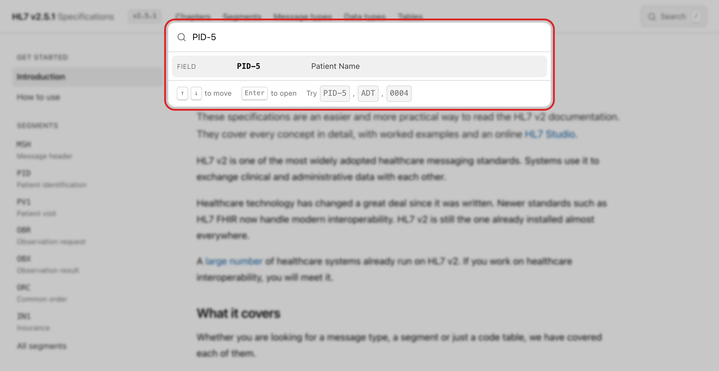 The search box open with PID-5 typed, showing the Patient Name field as a result